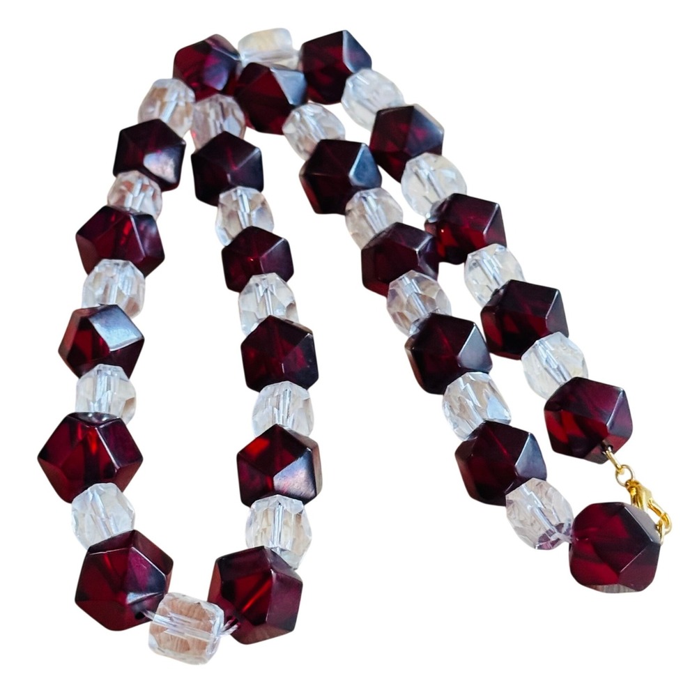 VTG Art deco Cherry Amber Crystal necklace collar Rare Retro carved Beads 21"L